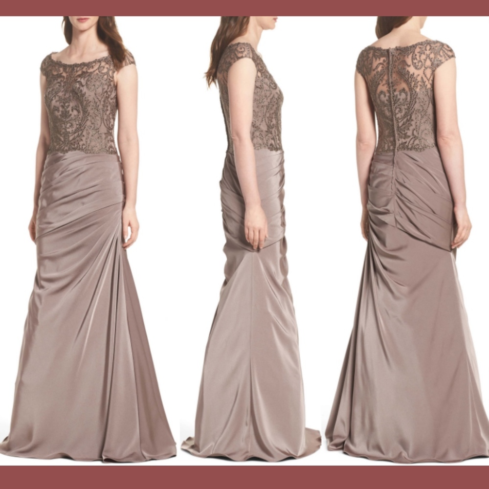 NWD La Femme Beaded Lace Ruched Gown‎ Cocoa [Altered to PETITE Length 16P ]